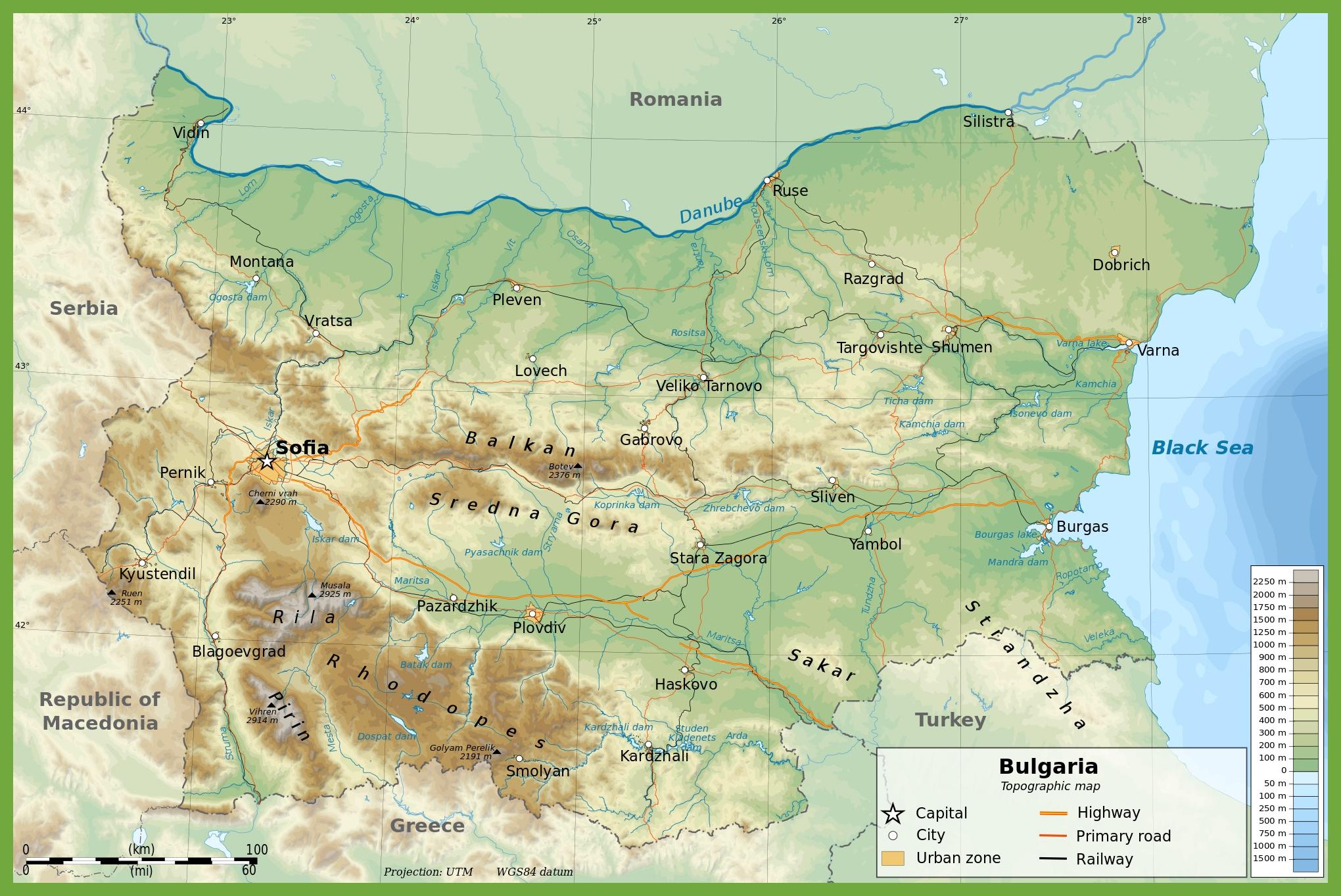 Bulgaria fyysinen kartta - Bulgaria topografinen kartta (Itä-Eurooppa -  Eurooppa)