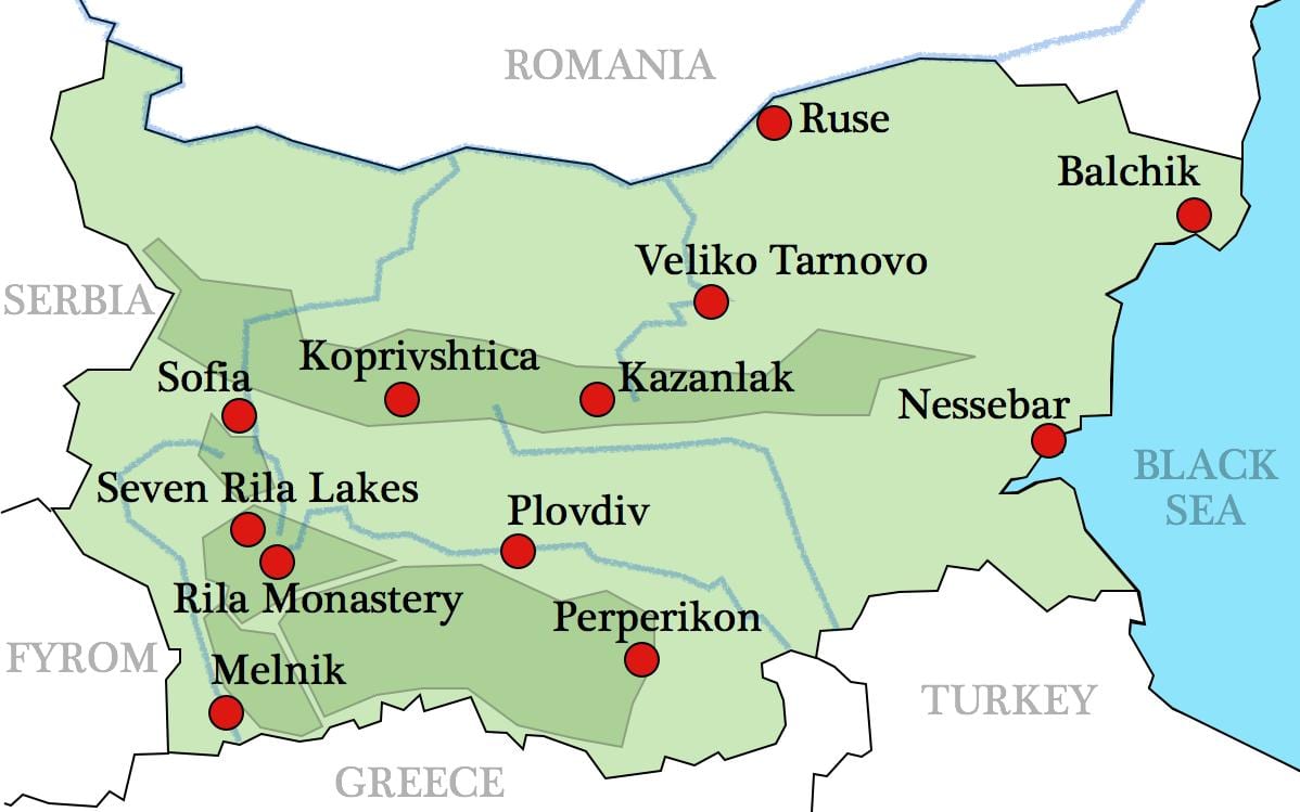 kartta Bulgarian luostarit